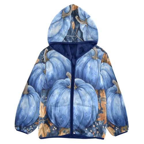 Blue Pumpkins with Autumn Leaves Toddler Fleece Jacket Girl Boys Hooded Fleece Jacket Coat Warm Outwear Zip-up 3-10T