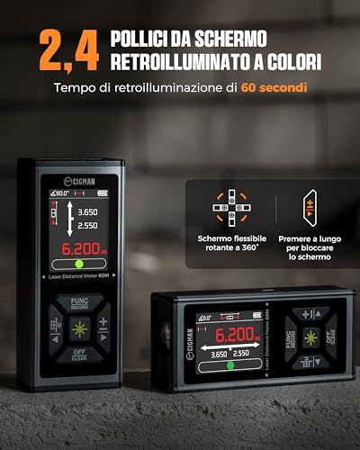 Dwustronny dalmierz laserowy zielony, wielofunkcyjny dalmierz laserowy CIGMAN 120m/390Ft z wyświetlaczem LCD, funkcją przyciągania magnetycznego, czujnikiem kąta, trybem Pitagorasa, obszarem i objętoś