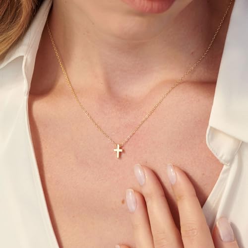 HANLI Cross Necklace, 14k Gold/Silver Plated Dainty Cross with Cubic ZirconiaStone3