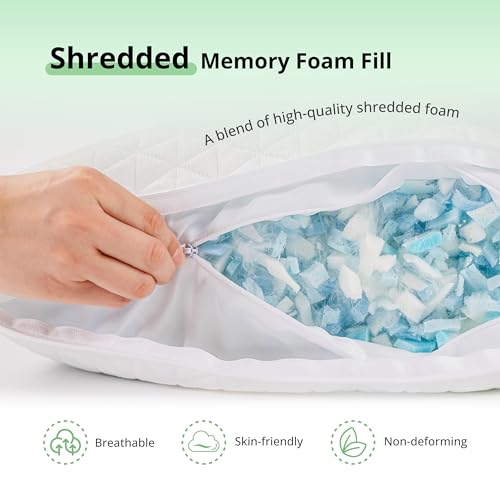 Image of EGOHOME Comfort Shredded Memory Foam Pillows, Adjustable Bed Pillows for Side, Back or Stomach Sleepers, Queen Size with Removable Cover (2 Pack, Adjustable)