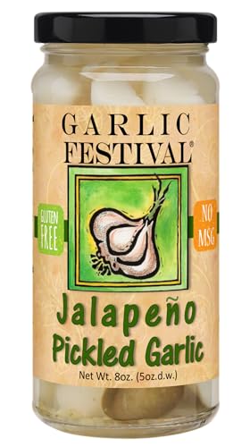 Garlic Festival Foods Jalapeno Pickled Garlic Cloves in a Jar - Jalapeno Pickled Garlic - Fresh Garlic Cloves for Cooking - Freshly Made - Subtly Infused, Pre-Prepared Garlic - Net Wt. 8 oz.