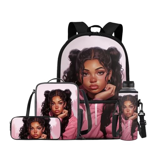 TSOVTHRID Juego de mochila 4 en 1 para niñas africanas, mochila escolar, bolsa de almuerzo, estuche para bolígrafo, funda para botella de agua para mujer, African Girl - Rosa y negro