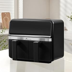 Alivio 9L Dual Basket Air Fryer with LED Touch Screen, 14 Cooking Programs, Independent Temperature Control, 360° Hot Air Circulation, Non-Stick & Dishwasher Safe, Low Oil Healthy Cooking (Black)