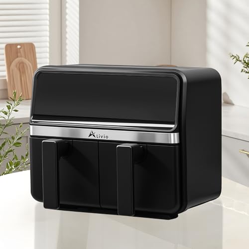 Alivio 9L Dual Basket Air Fryer with LED Touch Screen, 14 Cooking Programs, Independent Temperature Control, 360° Hot Air Circulation, Non-Stick & Dishwasher Safe, Low Oil Healthy Cooking (Black)