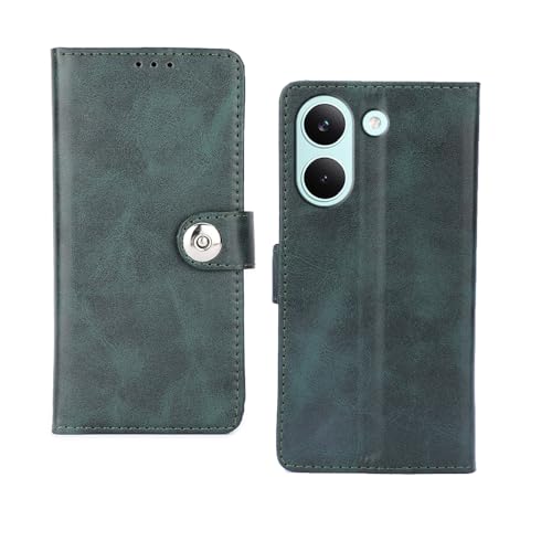 Image of amazon basics Poco X8 Pro 5G Flip Cover | Card Pockets Wallet & Stand | Flip Cover for Poco X8 Pro 5G (Green Button)