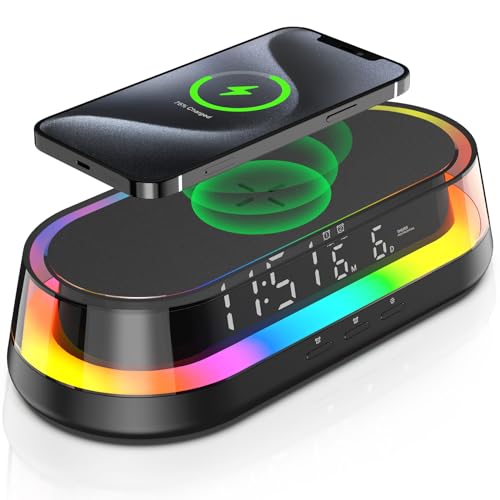HOURUNTAIL Alarm Clock for bedrooms,15W Wireless with USB Charging Port,LED Display,Colorful Atmosphere Lights,Touch Bedside Alarm Clock with Adjustable Brightness