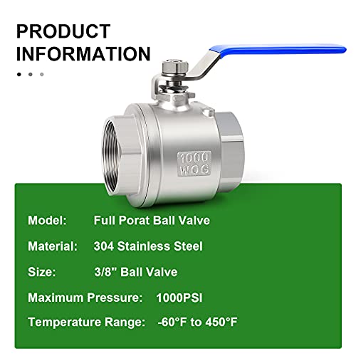 Taisher 1 Pcs 3/8 Inch Fnpt Heavy Duty Full Porat Ball Valve 304 Stainless Steel With Blue Handles #TOP5