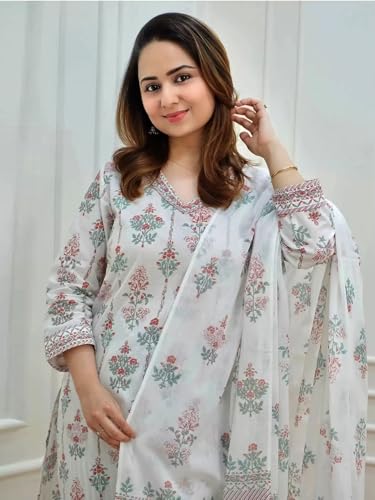 Pinkmint Women's Hevy Cotton Blend White Kurta Set L Stitched Printed Dupatta Set L Stylish Women Festival Dress (Pack Of 1)