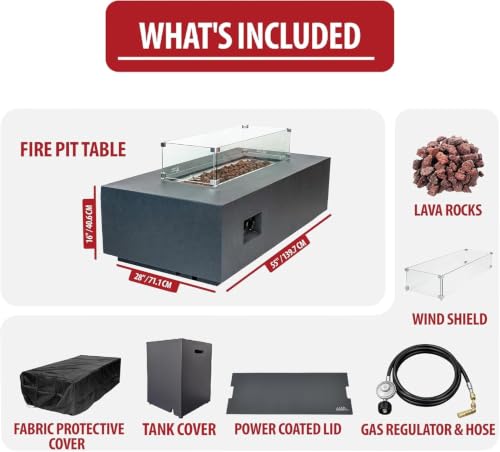 Image of AMS Creations | Chelsea 55 inches Rectangular Propane Gas Outdoor Fire Pit Table | Concrete GFRC Fire Pit Table | with SS Burner, Tank Cover, Canvas Cover, SS Lid, Lava Rock, and Wind Guard Included