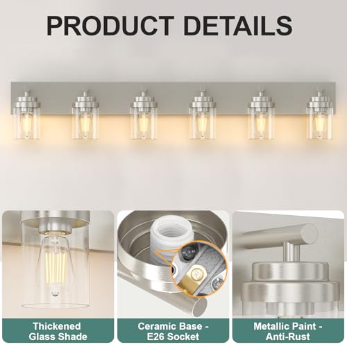 Image of IZORRO Bathroom Vanity Light Fixture, 6-Light 46 Inch Brushed Nickel Bathroom Light Fixtures Over Mirror, with Clear Glass Shade, Modern Farmhouse Vanity Lights, Rustic Restroom Lighting Fixtures