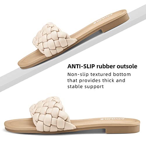 Image of ATHMILE Braided Sandals for Women, Open Toe Flat Summer Slides, Nude Sandal | Woven braided upper with round open toe design, lightweight flat style for beach trips, vacations, and summer outfits.