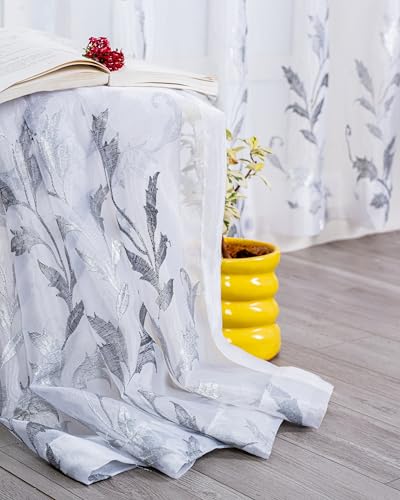 Image of (5 Ft Embroidered Tissue Curtain | Leaf Plant Design Grommet Curtains Window Curtain |Vintage Classical Floral Print | For Home | Grey & White (Pack Of 2) | 152 L X 121 W Centimeters