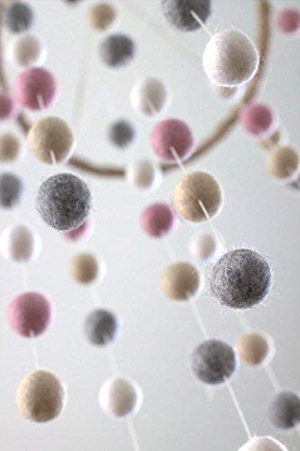 Felt Ball Pom Pom Nursery Ceiling Mobile- LARGE SIZE- Blush Pink, Almond, Gray & White- Neutral Children's Room Ceiling Decor- Nursery Boy Girl Baby Shower Gift- Handmade - 100% Wool Felt