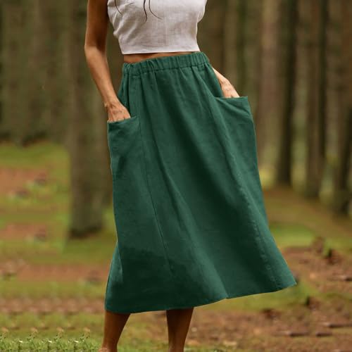 Women's Cotton Linen Casual Midi Skirt High Elastic Waisted Long Skirts Fall Winter Solid Color Skirt with Pockets2