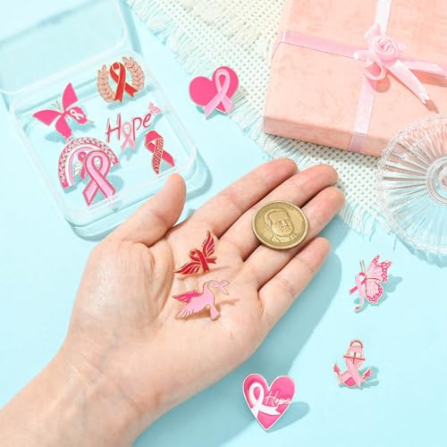 Image of Airssory 12 pcs 12 Styles Pink Awareness Ribbon Theme Alloy Enamel Brooches Breast Cancer Heart Hope Butterfly Lapel Pins for DIY Clothes Backpack Badge Jackets Craft Embellishment