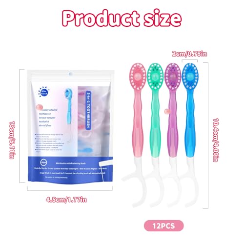 JOAASU 12 Packungen 5-in-1 Mini-Zahnbürste & Zahnseide & Zungenschaber & Zahnstocher Set, Mini-Zahnbürste 5-in-1-Werkzeug, Einweg-Zahnbürsten mit Zahnpasta, 4 Geschmacksrichtungen für Reisen – Bild 3