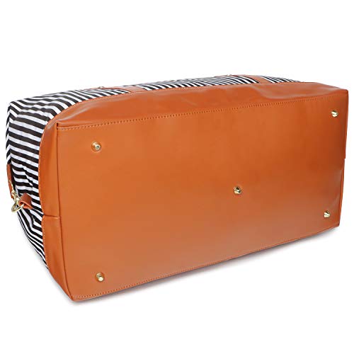 Oflamn Duffle Bag Smooth Nylon Leather Weekender Overnight Travel Carry On Bag (Black White Stripe)