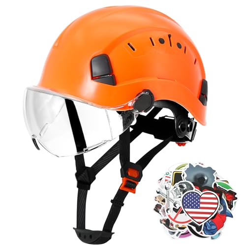AOLAMEGS Construction Vented Hard Hats -Adjustable Vented Hard Hat with Visor for Men Women ABS Safety Helmet 6-Point Suspension Work Hardhats for Outdoor Height Industrial (Orange Clear Visor)