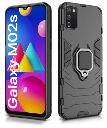 Image of WOW IMAGINE Shock Proof Back Case Mobile Cover for Samsung Galaxy M02s | F02s | A02s (Armor | Hybrid PC + TPU | Full Protection with Ring Holder Kickstand | Carbon Black)