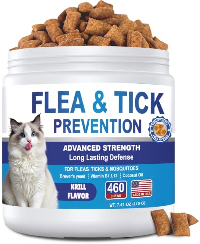 Flea and Tick Chewable for Cats 460ct - Cat Flea and Tick Supports, Natural Yeast Omega 3 for Skin Coat & Itching Relief, Immune Support, Oral Supplement for All Breeds & Ages