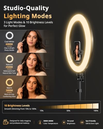 Image of 12 inch Ring Light with 62 inch Tripod Stand, Ring Light for Phone with Remote | 3 color lighting, 10 brightness levels, 180 Tilt, 360 Rotation, Cold Shoe, 1 /4 inch Mount, Fits 2.2-3.5 in phones