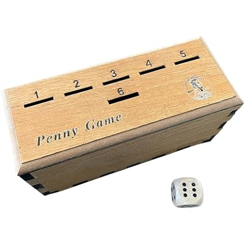 Penny Game - Drop The Coins Wood Box For 2+ Players, Fun Board Game Get Rid Of Coines To Win, Family Board Game, Bar Dice Game, Original Wood Version Cover