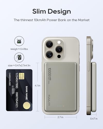 Kuulaa Power Bank Mag-Safe 10000mAh, 20W Ultra Slim Caricatore Portatile Wireless Magnetico, Magnetico Powerbank Battery Pack Ricarica Rapida per iPhone 15 14 13 12 Pro Max Mini -Titanio - Immagine 1