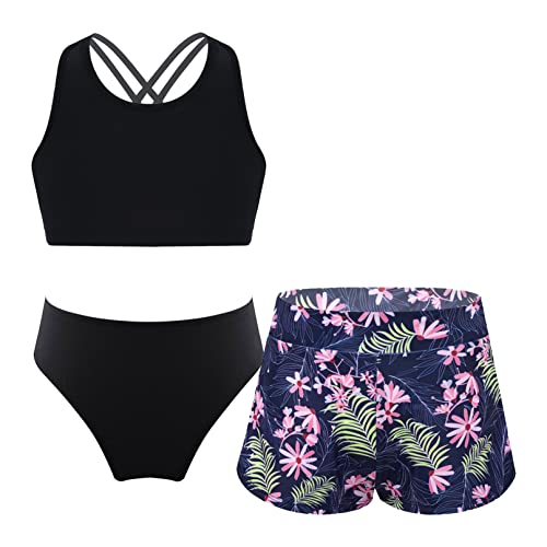iiniim Traje de Baño de 3 Piezas para Niña Bañador Bikini Tankini Flores de Natacion Ropa Crop Top+Braga+Pantalónes Swimsuit 6-16 Años D Flores 9-10 años