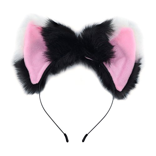 Ears Headband Cat Fox Ears Hair Bands Anime Party Costume Kitty Cosplay Headband for Halloween or Kitten Theme Party Costume (White and Black-2)