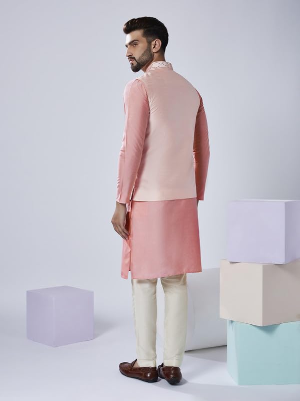 Image of KISAH Men Printed Kurta Jacket Set, Full Sleaves, Knee Length, Straight, Regular Fit, Mandarin Collar Ethnic Wear