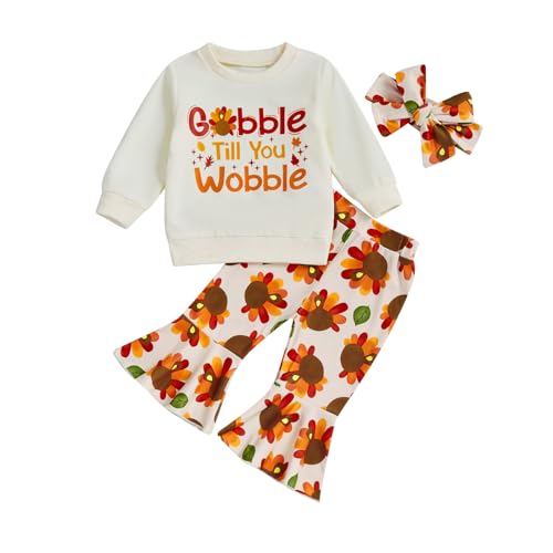 Userdefined Toddler Baby Girl Thanksgiving Outfit Letter Sweatshirt Turkey Print Bell Bottom Pants Fall Clothes Set