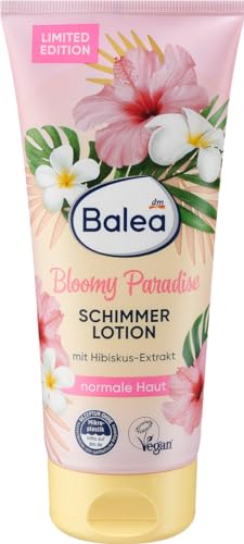 Balea 3er-Set Schimmerlotion: Körperlotion Bloomy Paradise sommerlich-exotischer Duft, Hibiskus-Extrakt, goldener Glow, 200 ml + Lotion Golden Light Körperlotion mit Goldschimmer, 2 x 200 ml (600 ml) – Bild 4
