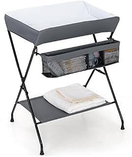 COSTWAY Folding Baby Changing Table, Newborn Massage Tables with Storage Rack and Basket, Infant Care Station Diaper Organizer