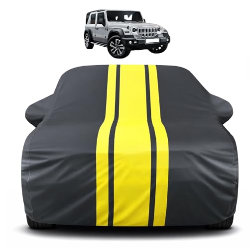 Image of Auto Hub Car Cover Compatible with Mahindra Thar Roxx (5 Doors) with Mirror Pocket, Soft Cotton Lining, Thar Roxx Car Cover Waterproof - Yellow-Black
