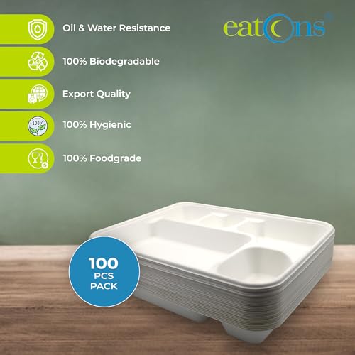 Image of EATONS | 5 Compartment Bagasse Meal Tray | Pack of 100 | Disposable Plates Big Size | Sugarcane Paper Plates | Ideal for Events, Caterers & Buffet | Heavy Duty, Leakproof, Microwave Safe