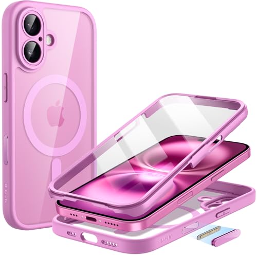 JETech Cover per iPhone 16 6,1 Pollici con Integrato Vetro Temperato Pellicola Protettiva e Pulsante Controllo Fotocamera, Compatibile con MagSafe, Protezione 360 Gradi (Rosa)