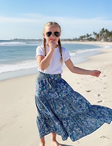 Image of Maxi Skorts Skirt for Girls Button Front High Waisted Long Skirt with Belt Ruffled Skirts with Pocket 3-12Years