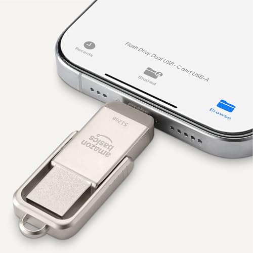 Image of Amazon Basics 512GB USB Flash Drive, Thumb Drive Memory Stick with USB C and USB A Dual Ports, Champagne Silver