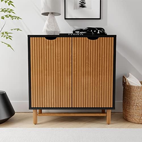 Stead Adjustable Fluted Accent Cabinet 2023 Collection - Contemporary Storage Shelf - Great in Living Rooms, Bedrooms, and Entryways (Black and Oak)