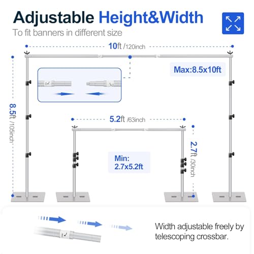 Image of Emart Heavy Duty Backdrop Stand 8.5x10ft(HxW) Adjustable Background Support System Kit with Steel Base for Photography, Photo Backdrop Stand for Parties Birthday Video Studio - Sliver