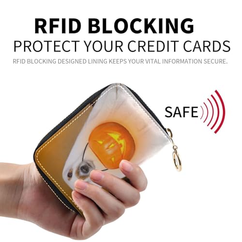 Funny Dog Ghost in Pumpkin Lantern Or Light RFID Credit Card Holder Wallets for Women, Leather Zipper Card Case Accordion Wallet for Women Girls2