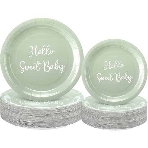 Qinyoung 100 Pcs Sage Green Plates Bulk Included 50 Sage Green Baby Shower Dinner Party Plates 7 Inch and 50 Pcs 9 Inch, Disposable Round Baby Shower Tableware Party Supplies