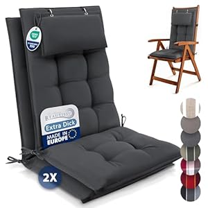 Beautissu 2er Set Premium Hochlehner Auflage mit Kopfpolster 120x50cm Sun-HL – 8cm Dick Polster Gartenstuhlauflage rutschfest Befestigungsbänder UV-Lichtechtheit 5 – Robust Stoff Uni Anthrazit