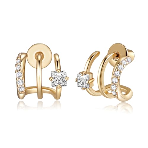 14K Gold Plated Triple Hoops Illustion Stud Earrings | Double Huggie Hoop Earrings for One Hole Illusion Stud Earrings |Zirconia Gold Hoop Earrings for Women