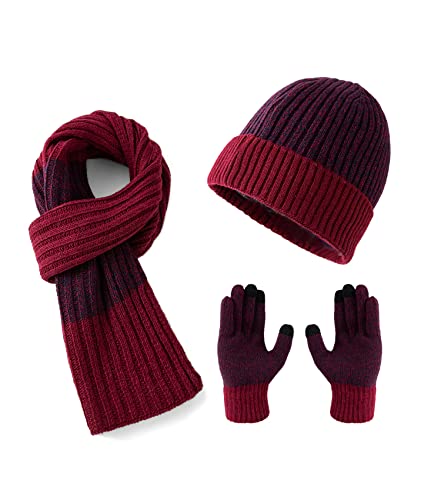 Lallier Juego de 3 gorros de lana para hombre, bufanda, guantes con pantalla táctil, gorro cálido de invierno, gorro de calavera, bufanda, juego de guantes térmicos para hombre, Rojo