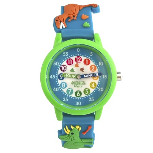 Preschool Collection Time Teacher Dino Watch - Blue - T-Rex and Dinosaurs - Analog First Watch - Easy-to-Read Dial - Hypoallergenic 3D Band for Kids, Children and Boys