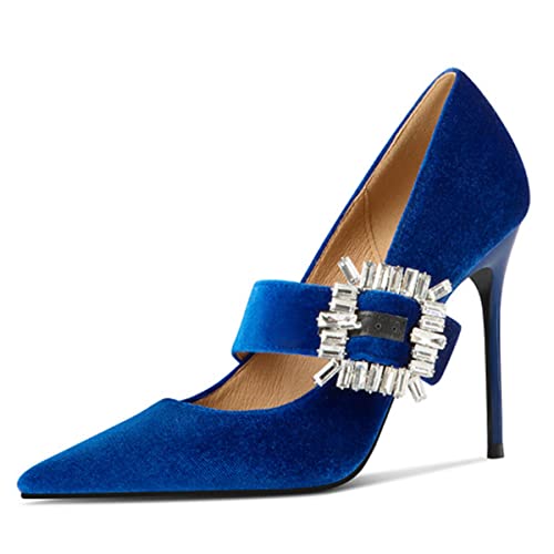 FSJ Women Graceful Pointed Toe High Heel Pumps Velvet Slip On Shining Rhinestones Stiletto Bridal Wedding Banquet Shoes Size 4-15 US