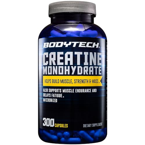 BODYTECH Creatine Monohydrate Capsules - Micronized for Maximum Absorption - Supports Supports Muscle Strength, Mass, and Endurance - Convenient Capsule Form (300 Capsules)