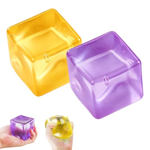 Lot de 2 cubes Squishy Cube à rebond lent - Jouet anti-stress pour adultes - En TPR souple - Jaune et violet