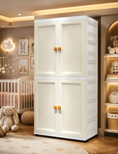 Image of Kids Plastic Wardrobe for Clothes Storage | Baby Cupboard & Almirah with Hanging Rod & Shelves | Portable Collapsible Storage Cabinet for Bedroom | Cartoon Kids Wardrobe